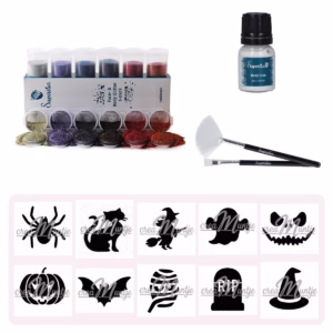 Halloween Party Pack glittertattoos: glitter, huidlijm, borstels en Halloween-sjablonen