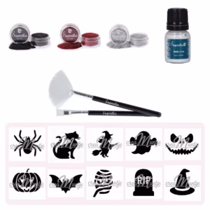 Halloween Starter Pack glittertattoos: glitter, huidlijm, borstels en Halloween-sjablonen