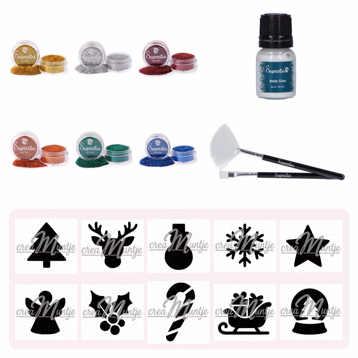 Kerst Party Pack glittertattoos: glitter, huidlijm, borstels en kerstsjablonen