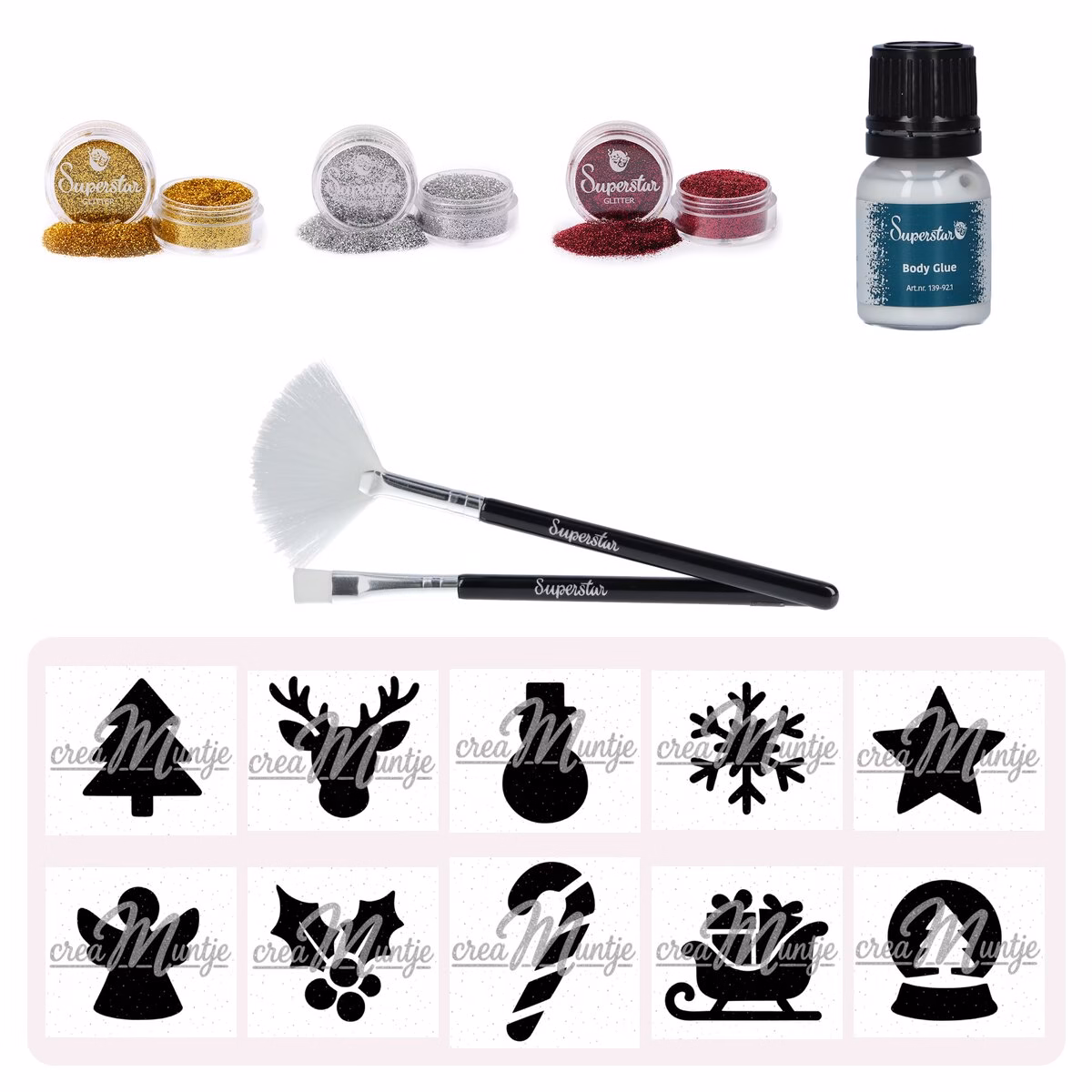 Kerst Starter Pack glittertattoos: glitter, huidlijm, borstels en sjablonen